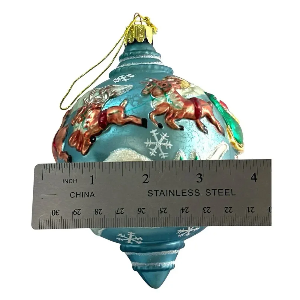 Santa’s Best 2002 Santa Sleigh Reindeer Glass Christmas Ornament 5.5”